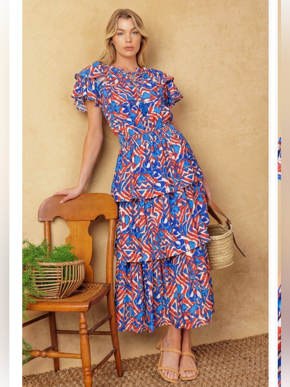Flying Tomato Blue Floral Tiered Ruffle Midi Dress with Red Accents